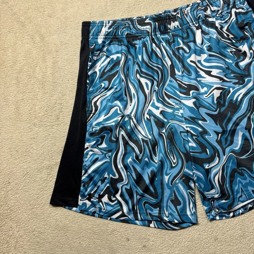 Under Armour Shorts Mens XL Basketball Stretch Blue White Oil Spill Print Mesh